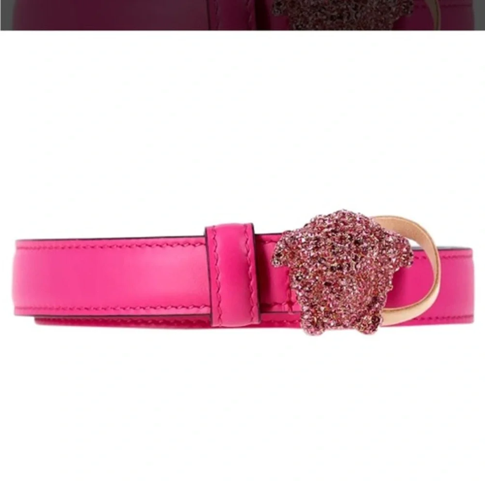 Versace Crystal Medusa Pink Leather Belt — Rare Glam Statement Piece